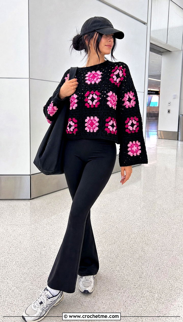 Drop Shoulder Black Granny Square Sweater With Leggings - 25 black granny square sweater outfit ideas