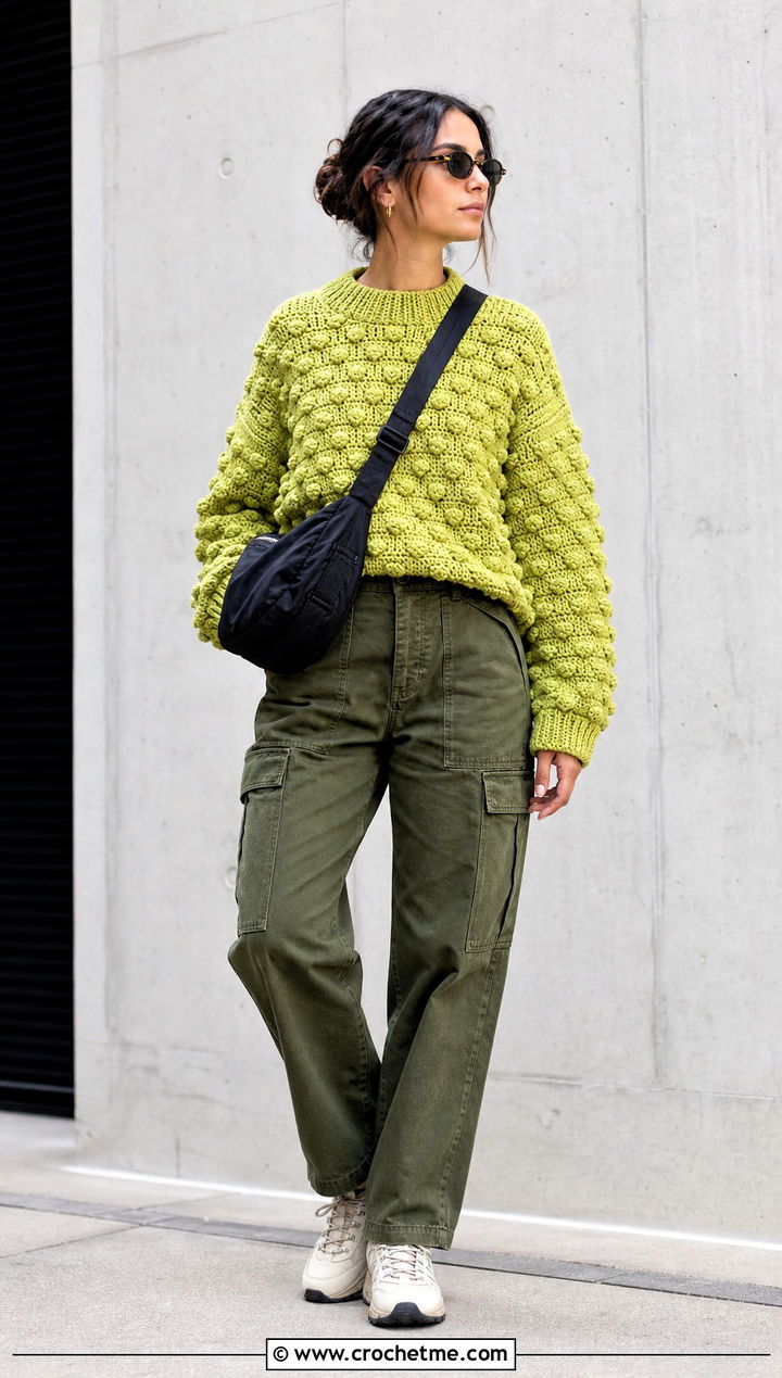 Drop Shoulder Bobble Sweater With Cargo Pants - 25 crochet bobble sweater outfit ideas