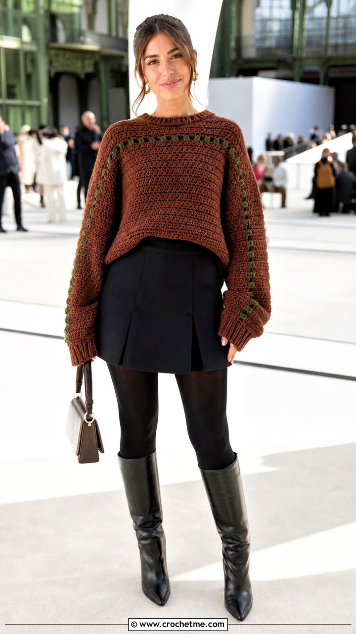 Drop Shoulder Brown Crochet Sweater With Mini Skirt - 35 crochet brown sweater outfit ideas
