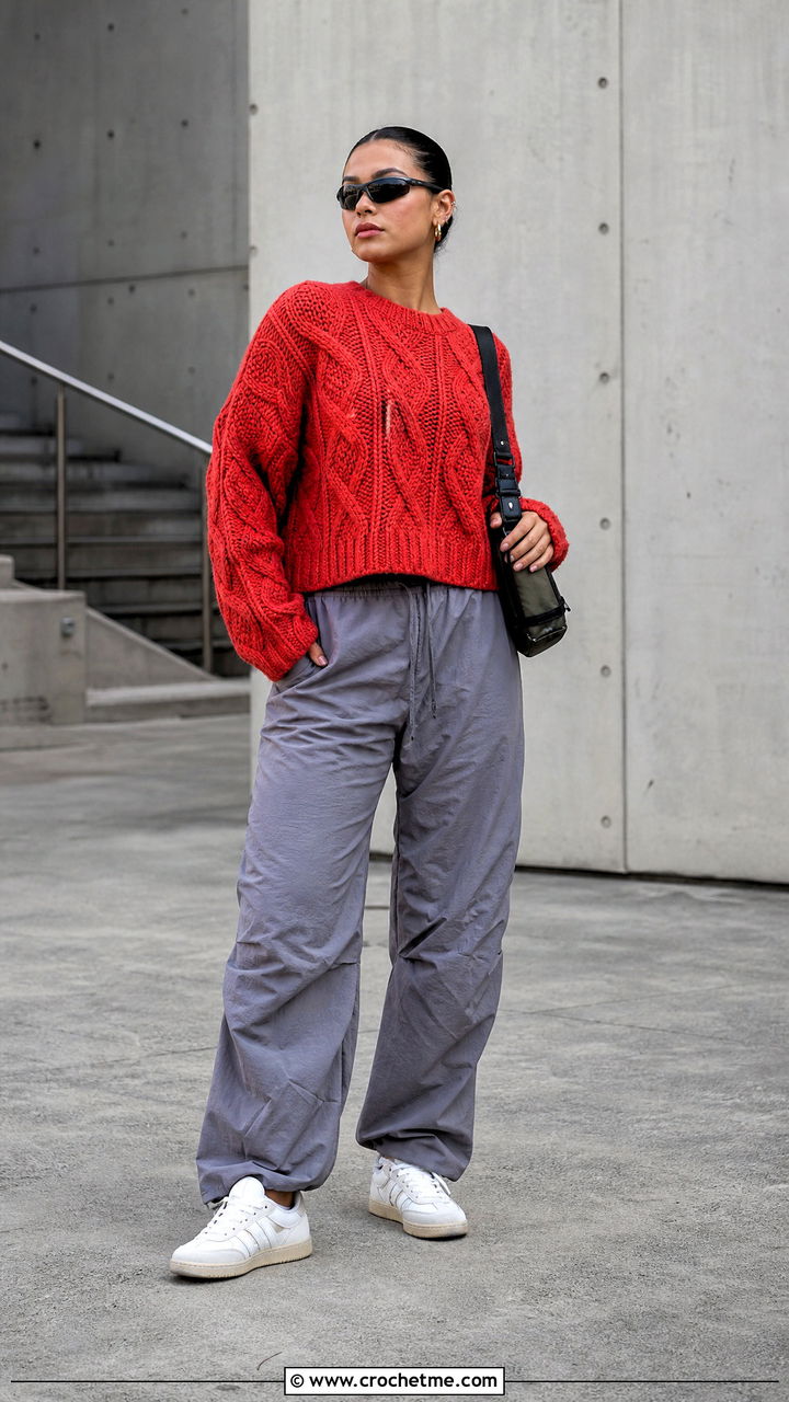 Drop Shoulder Cable Crochet Sweater With Parachute Pants - 35 cable crochet sweater outfit ideas
