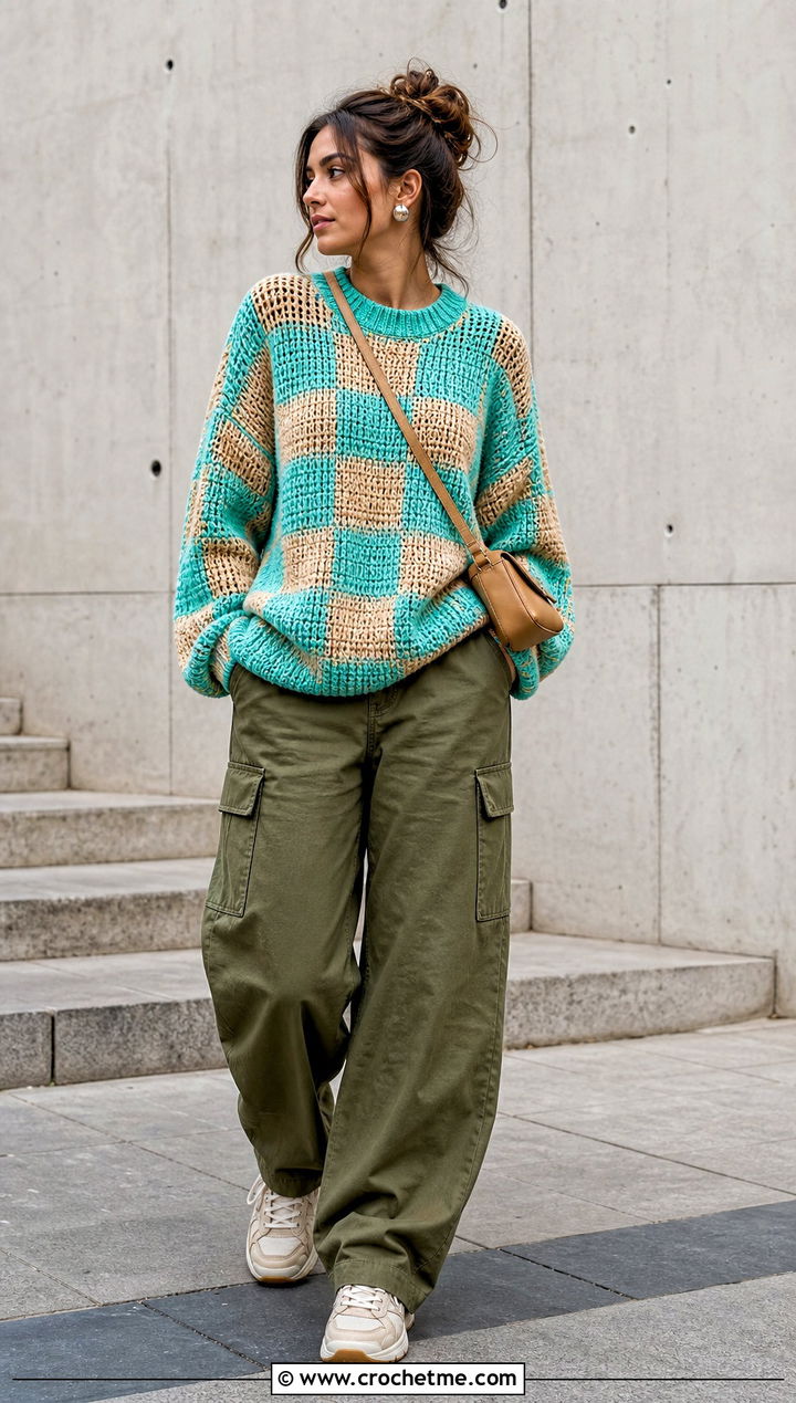 Drop Shoulder Checkered Crochet Sweater With Cargo Pants - 30 checkered crochet sweater outfit ideas