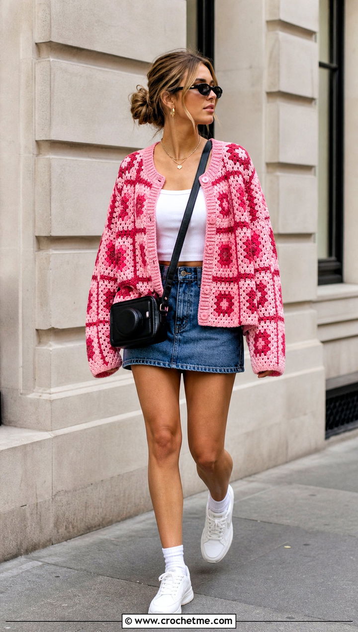 Drop Shoulder Checkered Granny Square Cardigan With Denim Mini Skirt - 25 checkered granny square cardigan outfit ideas