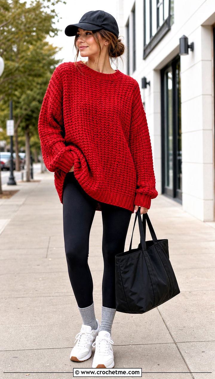 Drop Shoulder Chunky Crochet Sweater With Leggings - 25 Chunky Crochet Sweaters outfit ideas