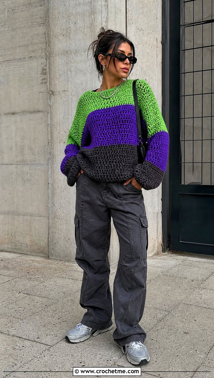 Drop Shoulder Color Block Crochet Sweater With Cargo Pants - 25 Color Block Crochet Sweater outfit ideas