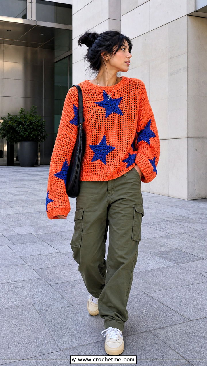 Drop Shoulder Coraline Star Crochet Sweater With Cargo Pants - 25 coraline crochet sweater outfit ideas