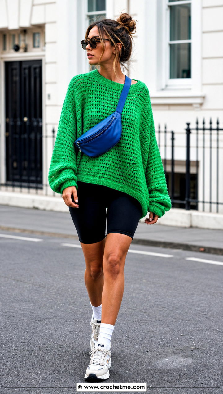 Drop Shoulder Crochet Baggy Sweater With Bike Shorts - 30 crochet baggy sweater outfit ideas