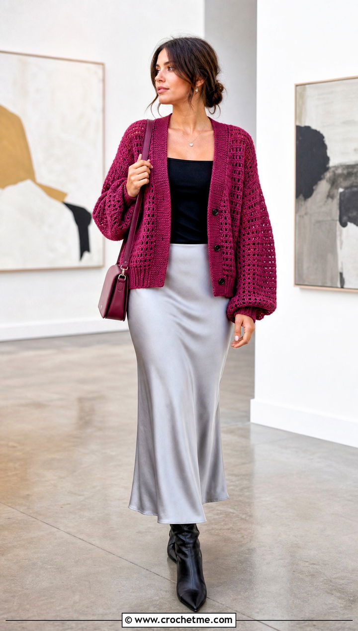 Drop Shoulder Crochet Balloon Sleeve Cardigan With Slip Skirt - 30 crochet balloon sleeve cardigan outfit ideas