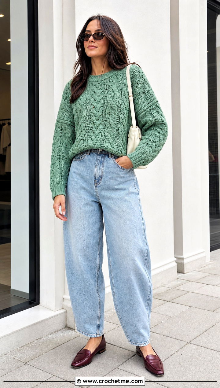 Drop Shoulder Crochet Cable Sweater With Barrel Jeans - 30 crochet cable knit sweater outfit ideas