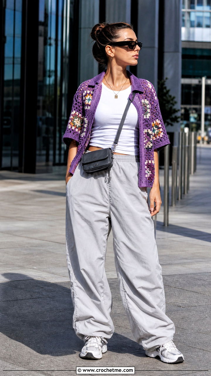 Drop Shoulder Crochet Camp Shirt With Parachute Pants - 35 crochet collared shirt outfit ideas