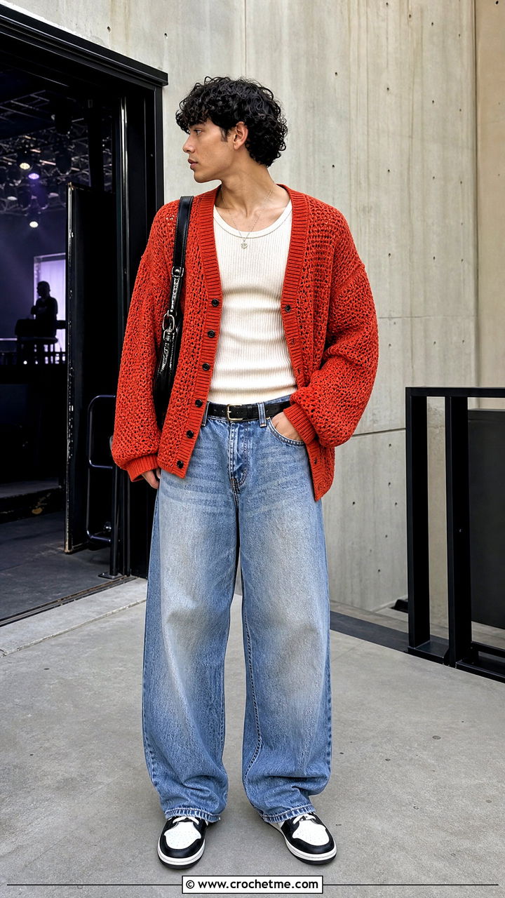 Drop Shoulder Crochet Cardigan With Baggy Jeans - 35 crochet cardigan men outfit ideas