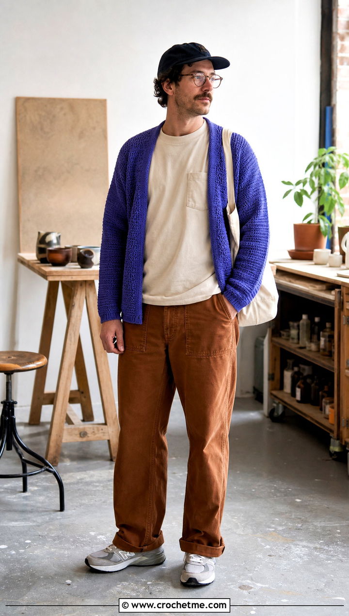 Drop Shoulder Crochet Cardigan With Chore Pants - 35 mens crochet cardigan outfit ideas