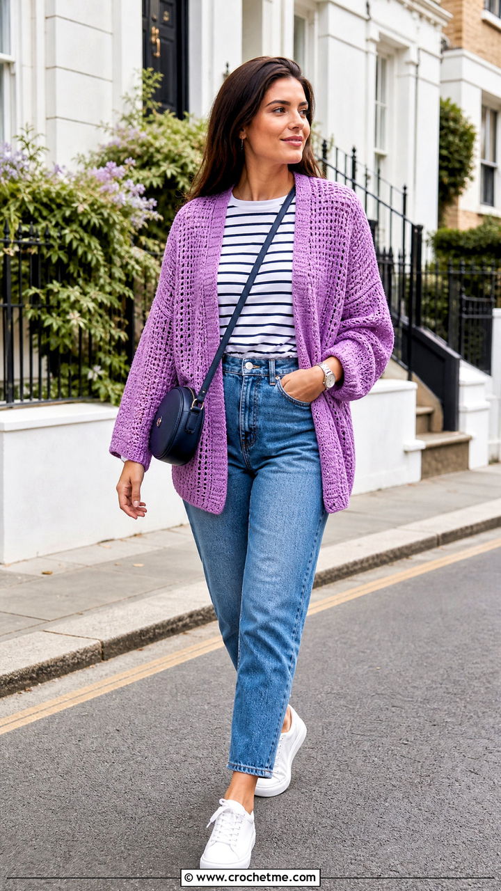 Drop Shoulder Crochet Cardigan With Mom Jeans - 35 oversized crochet cardigan outfit ideas