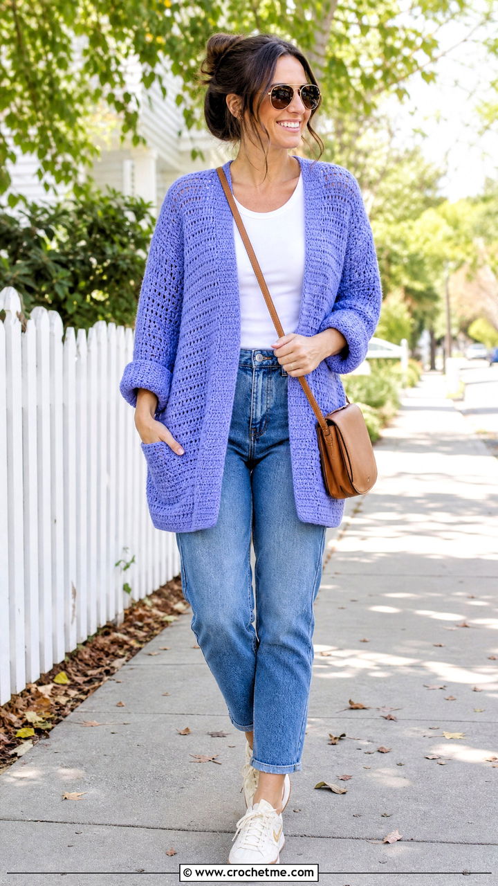 Drop Shoulder Crochet Cardigan With Pockets And Mom Jeans - 35 crochet cardigan with pockets outfit ideas