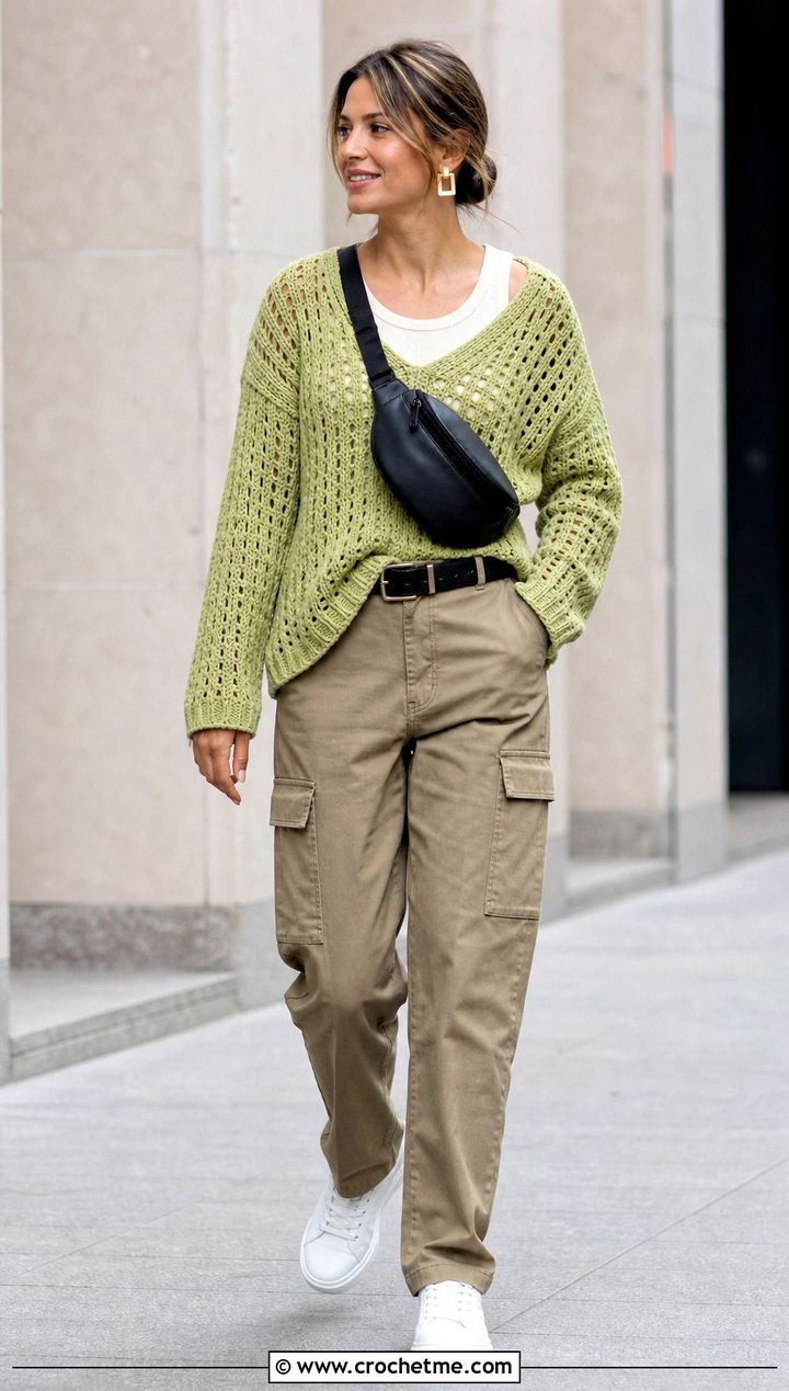 Drop Shoulder Crochet Cashmere Sweater With Cargo Pants - 30 crochet cashmere sweater outfit ideas