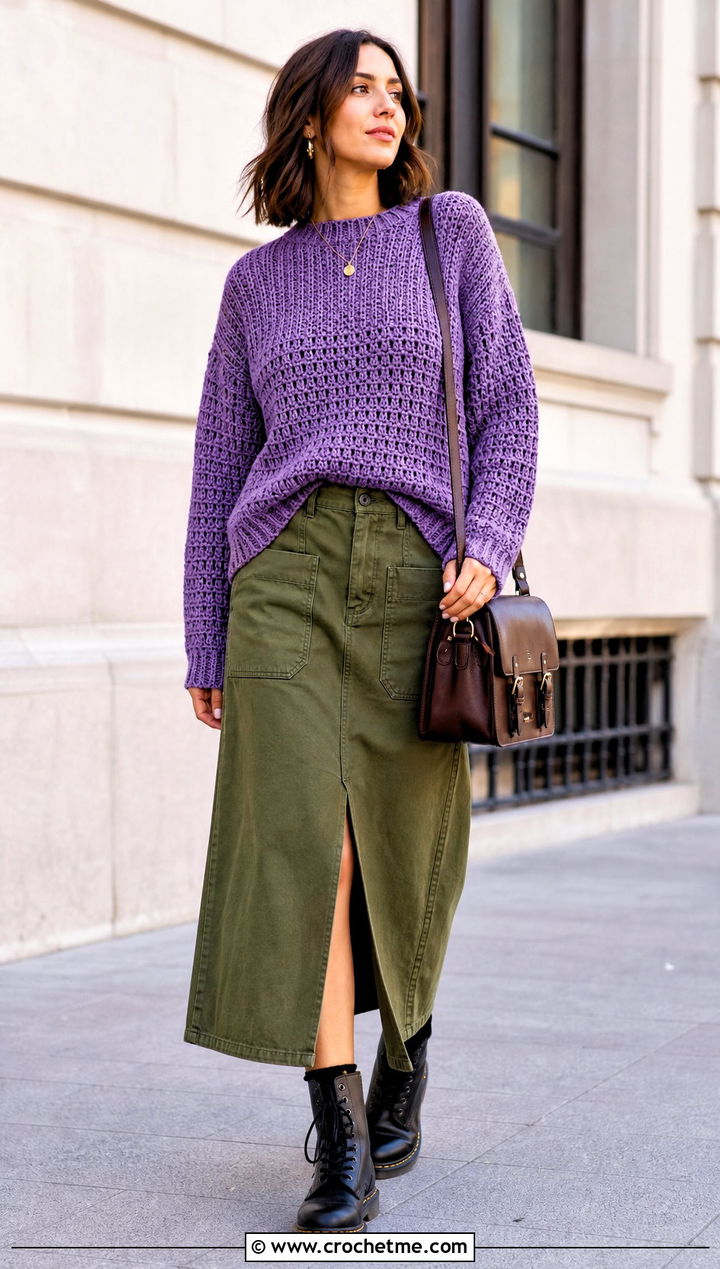 Drop Shoulder Crochet Chenille Sweater With Utility Skirt - 25 crochet chenille sweater outfit ideas