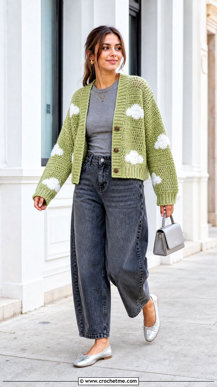 Drop Shoulder Crochet Cloud Cardigan With Barrel Jeans - 35 crochet cloud cardigan outfit ideas