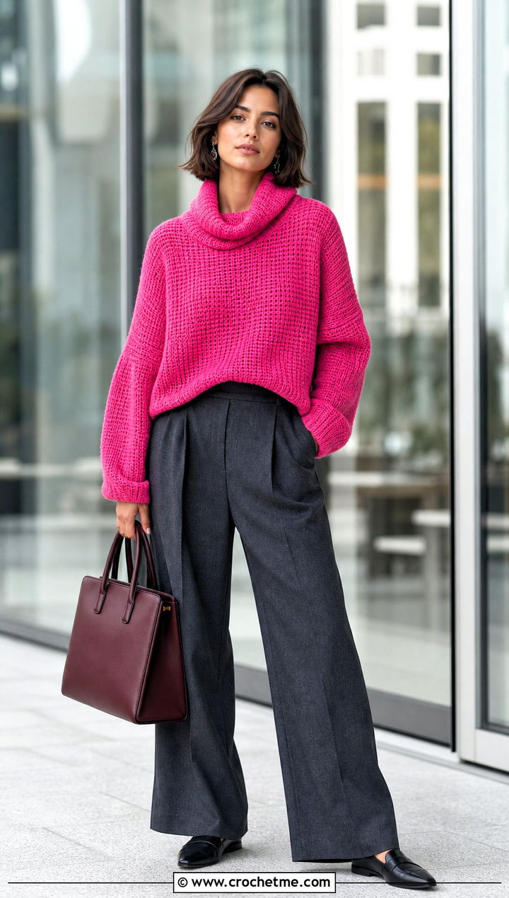 Drop Shoulder Crochet Cowl Neck Sweater With Tailored Trousers - 25 Crochet Cowl Neck Sweater outfit ideas