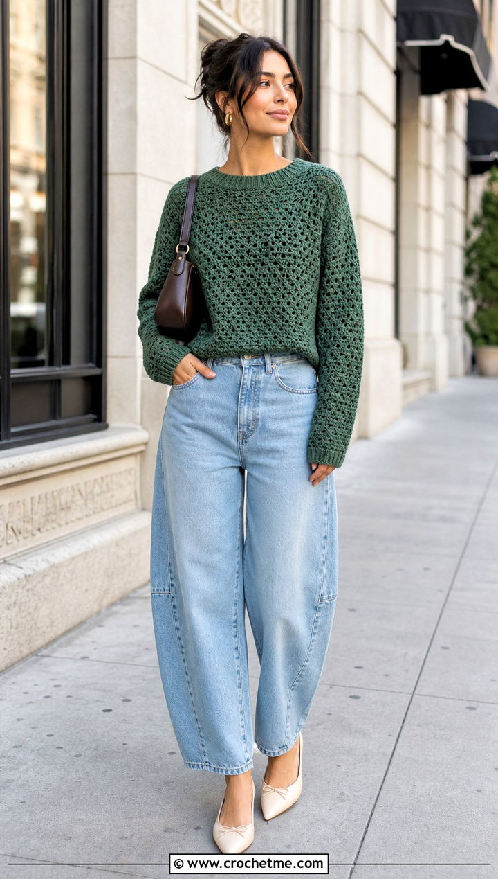 Drop Shoulder Crochet Crewneck Sweater With Barrel Jeans - 30 crochet crewneck sweater outfit ideas