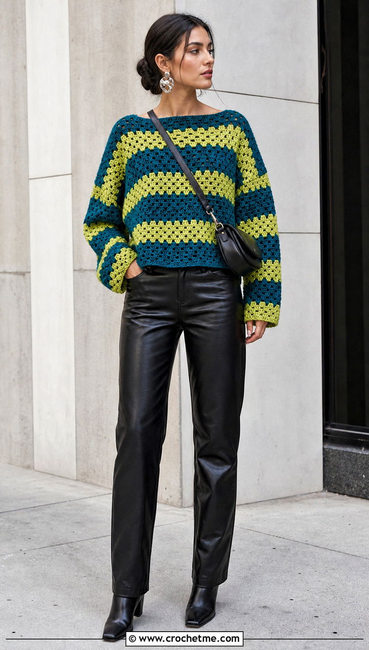 Drop Shoulder Crochet Granny Stripe Sweater With Leather Pants - 25 Crochet Granny Stripe Sweater outfit ideas