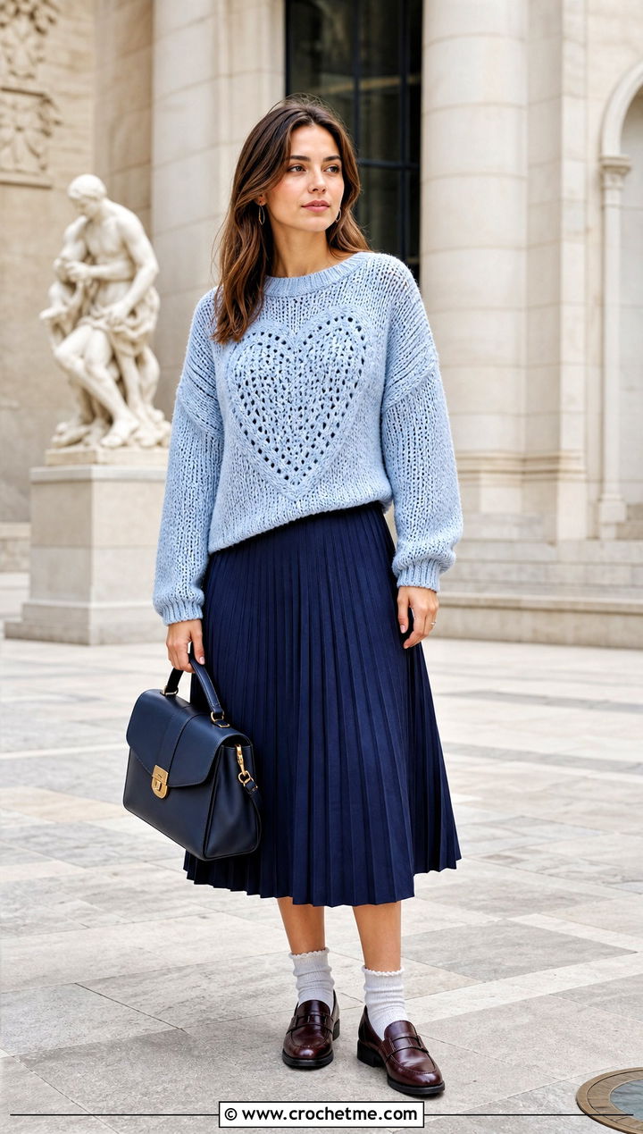 Drop Shoulder Crochet Heart Sweater With Pleated Midi Skirt - 35 crochet heart sweater outfit ideas