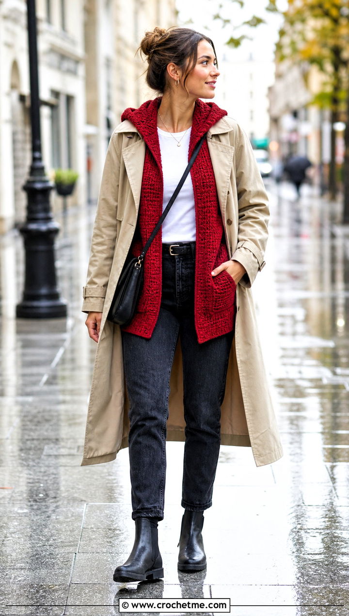 Drop Shoulder Crochet Hoodie Cardigan Under A Trench Coat - 30 crochet hoodie cardigan outfit ideas