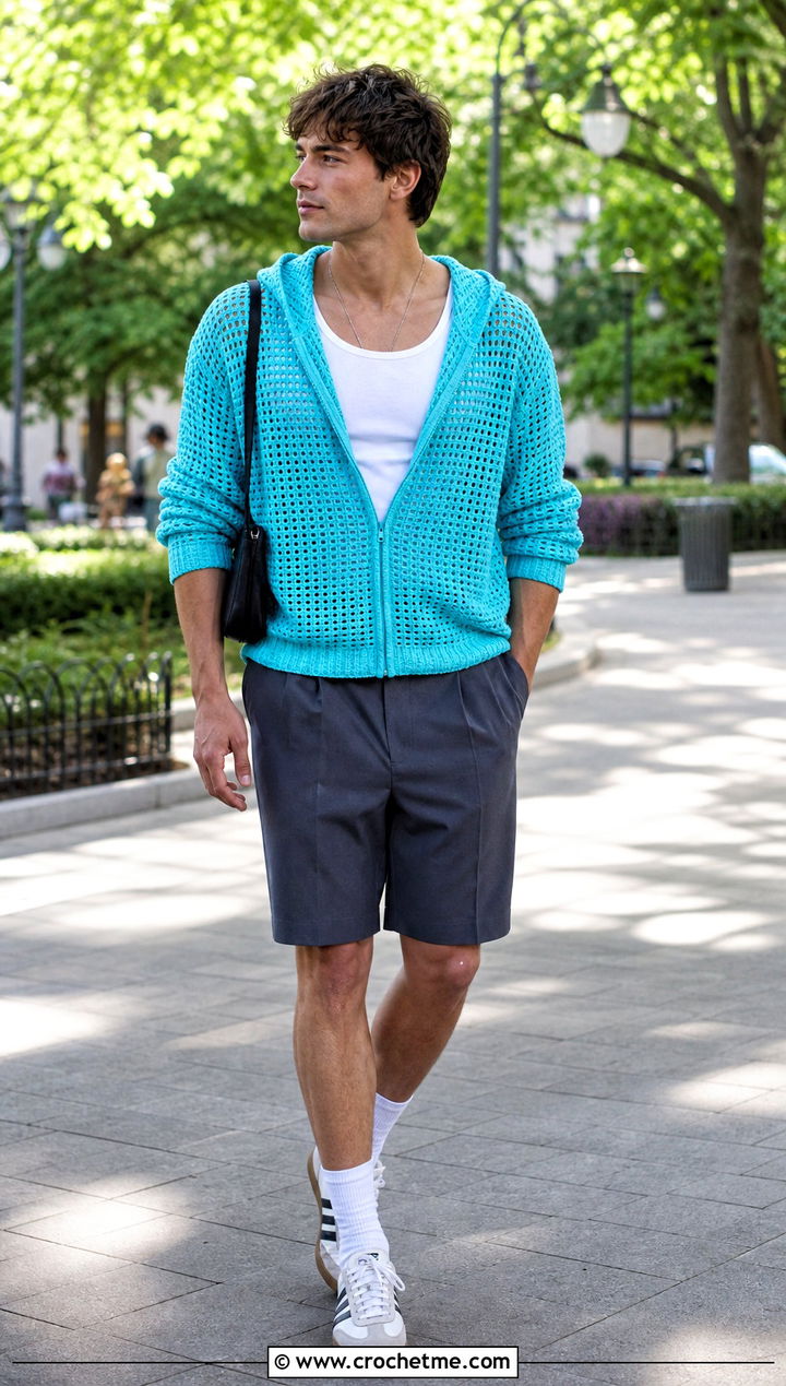 Drop Shoulder Crochet Hoodie With Bermuda Shorts - 30 crochet mens hoodie outfit ideas