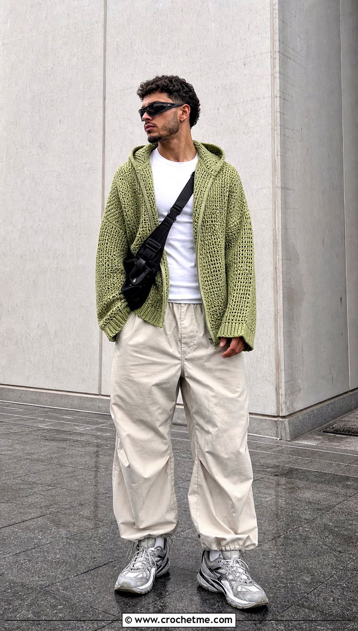 Drop Shoulder Crochet Hoodie With Parachute Pants - 30 Crochet Hoodies For Men outfit ideas