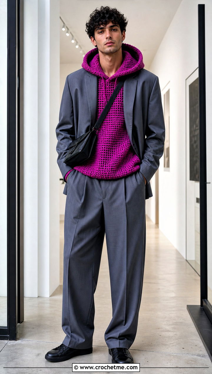 Drop Shoulder Crochet Hoodie With Relaxed Suit - 25 Crochet Hoodie Men outfit ideas