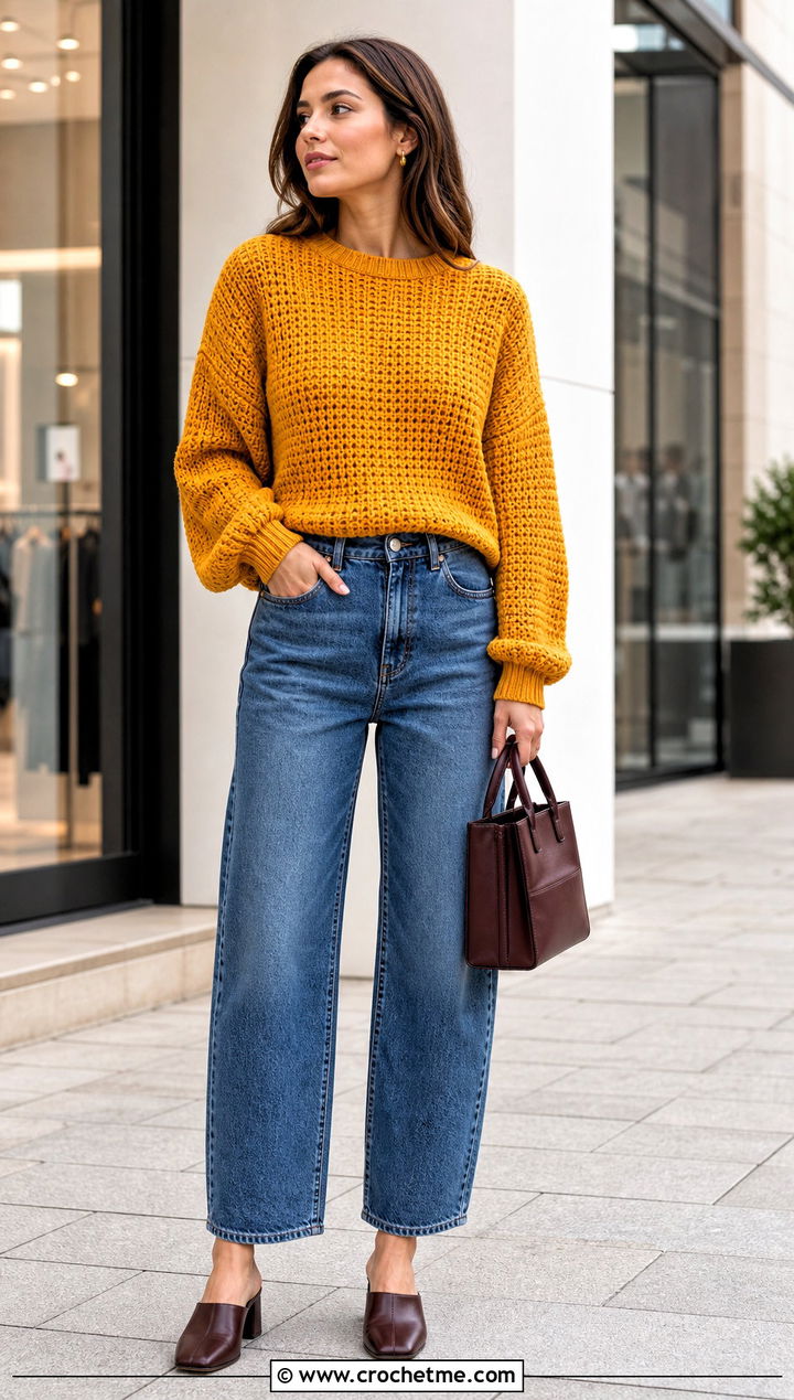Drop Shoulder Crochet Jumper With Barrel Jeans - 30 simple crochet jumper outfit ideas