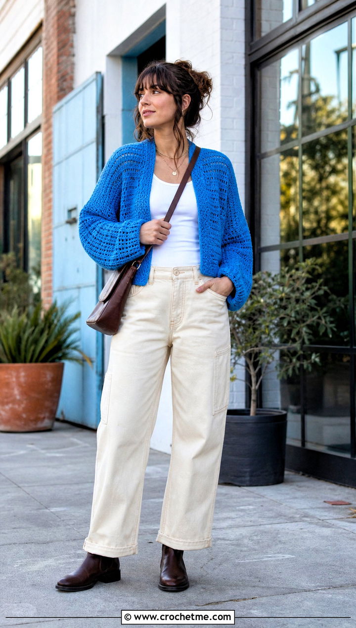 Drop Shoulder Crochet Jumper With Carpenter Jeans - 35 easy crochet jumper outfit ideas