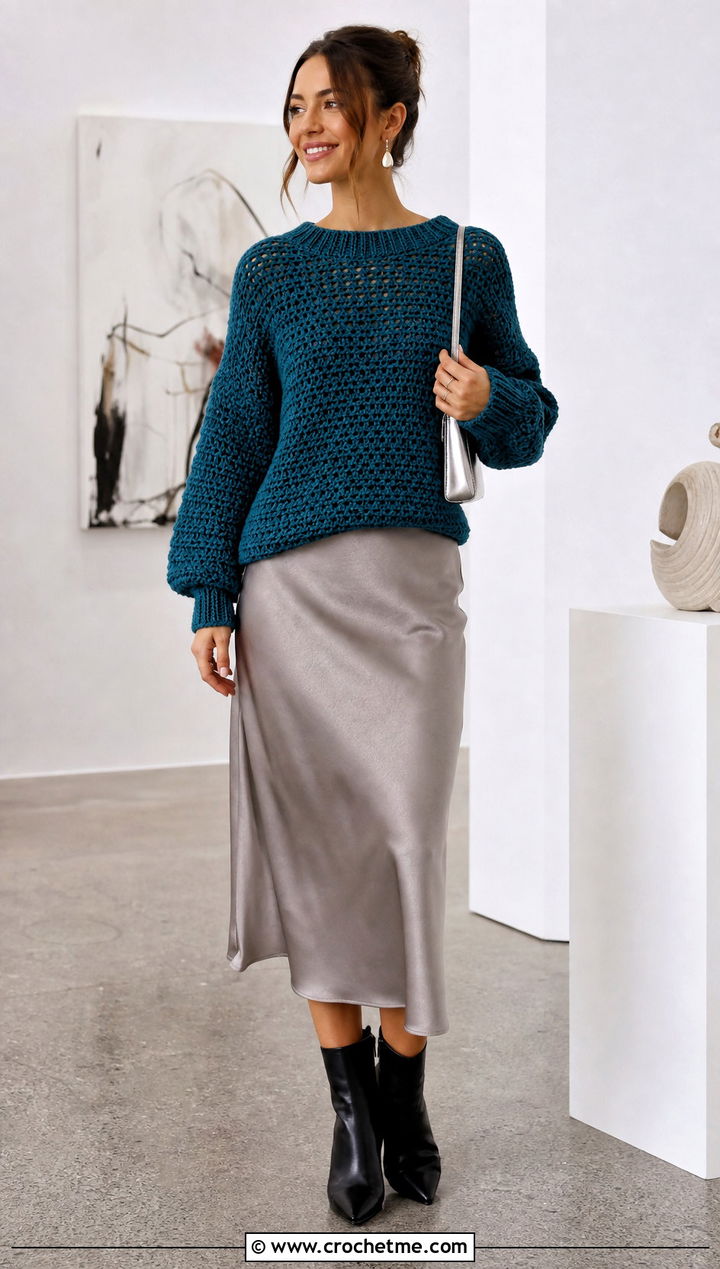 Drop Shoulder Crochet Jumper With Satin Skirt - 20 Beginner Crochet Jumper outfit ideas