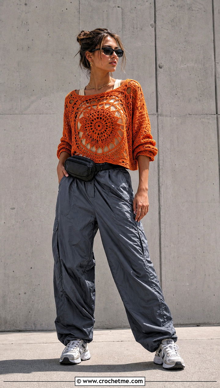 Drop Shoulder Crochet Mandala Top With Parachute Pants - 35 crochet mandala top outfit ideas