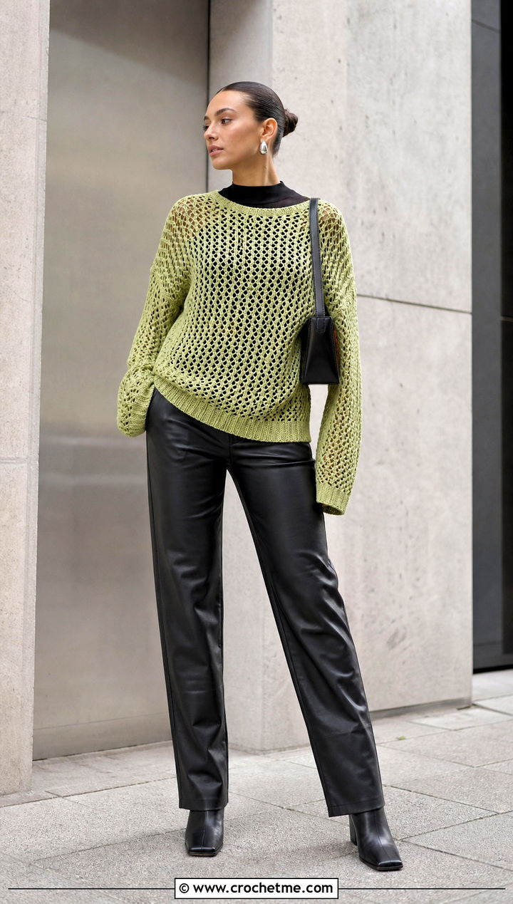 Drop Shoulder Crochet Mesh Jumper With Leather Pants - 30 crochet mesh jumper outfit ideas