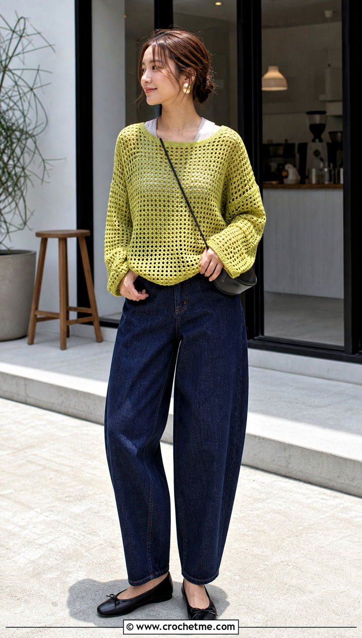 Drop Shoulder Crochet Mesh Shirt With Barrel Jeans - 30 crochet mesh shirt outfit ideas
