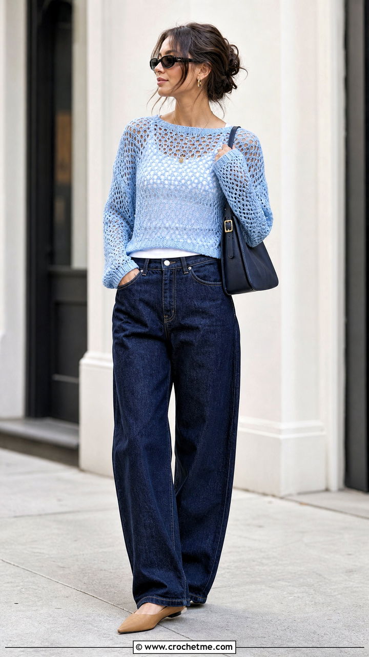 Drop Shoulder Crochet Mesh Sweater With Barrel Jeans - 35 crochet mesh sweater outfit ideas
