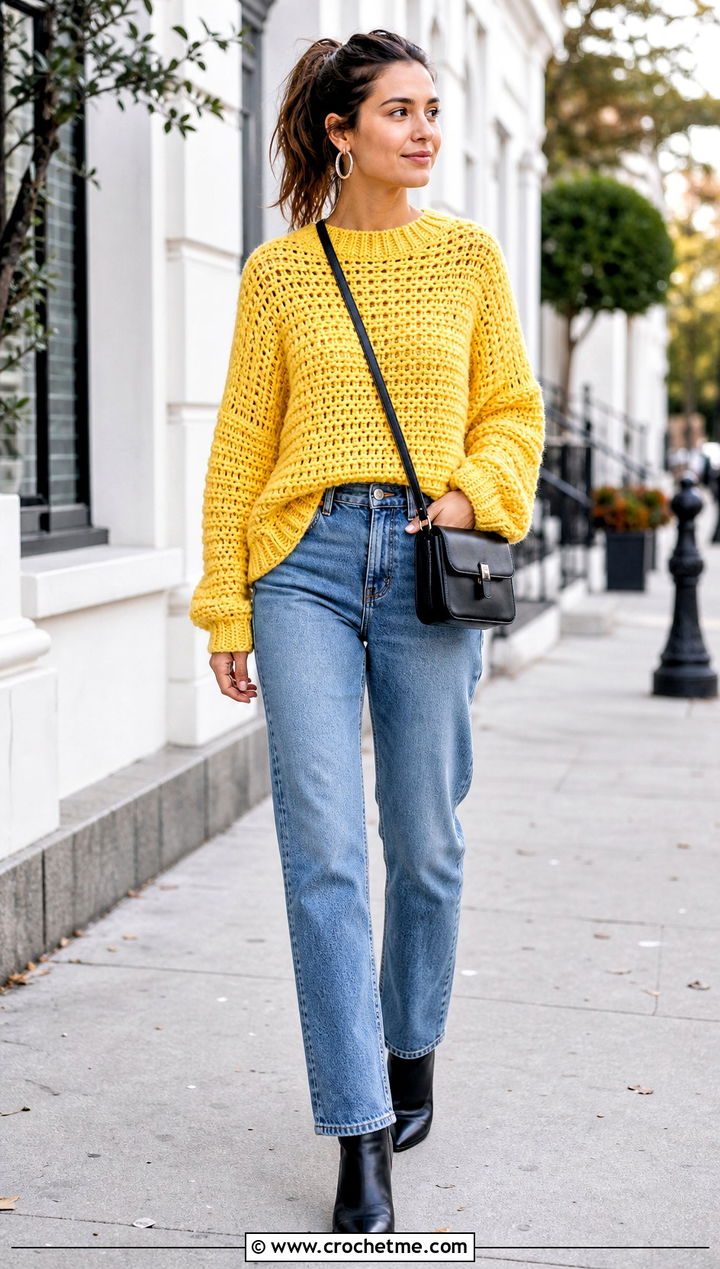 Drop Shoulder Crochet Oversize Sweater With Straight Leg Jeans - 20 Crochet Oversize Sweater outfit ideas