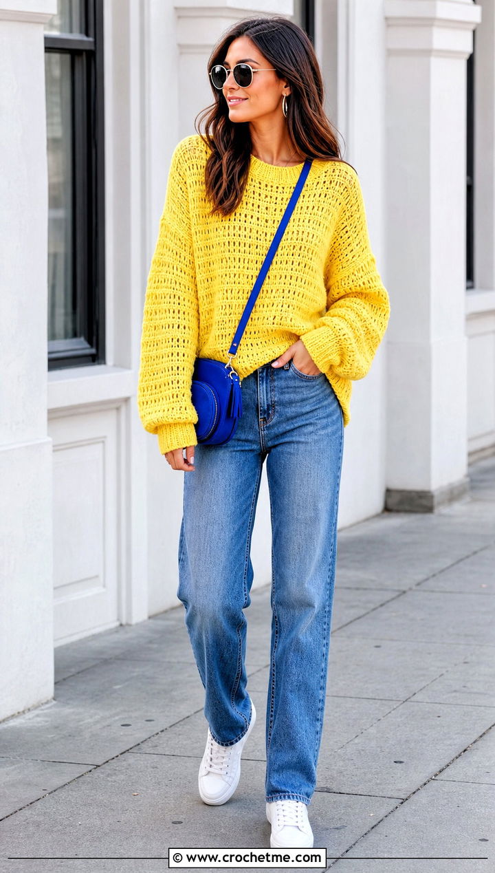 Drop Shoulder Crochet Oversized Sweater With Straight Leg Jeans - 20 Easy Crochet Oversized Sweater outfit ideas
