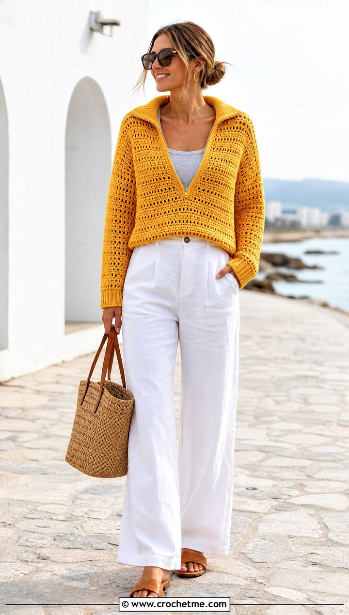 Drop Shoulder Crochet Quarter Zip Sweater With Linen Pants - 20 crochet quarter zip sweater outfit ideas