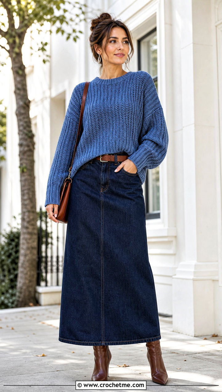 Drop Shoulder Crochet Ribbed Sweater With Denim Maxi Skirt - 35 crochet ribbed sweater outfit ideas
