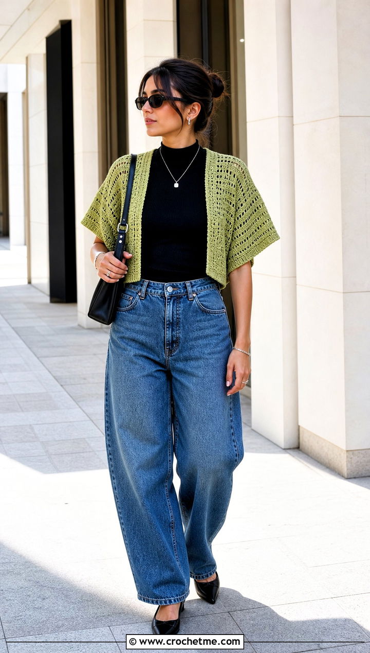 Drop Shoulder Crochet Short Sleeve Shrug With Barrel Jeans - 30 crochet short sleeve shrug outfit ideas