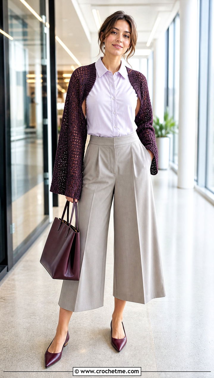 Drop Shoulder Crochet Shrug With Culottes - 30 crochet sweater sleeves outfit ideas