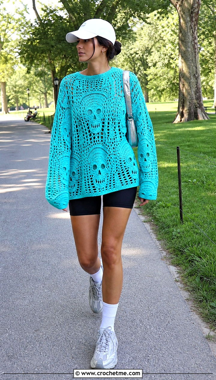 Drop Shoulder Crochet Skull Sweater With Bike Shorts - 35 crochet skull sweater outfit ideas