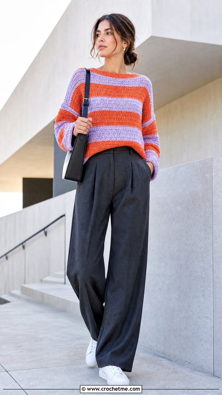 Drop Shoulder Crochet Striped Sweater With Pleated Trousers - 35 crochet striped sweater outfit ideas