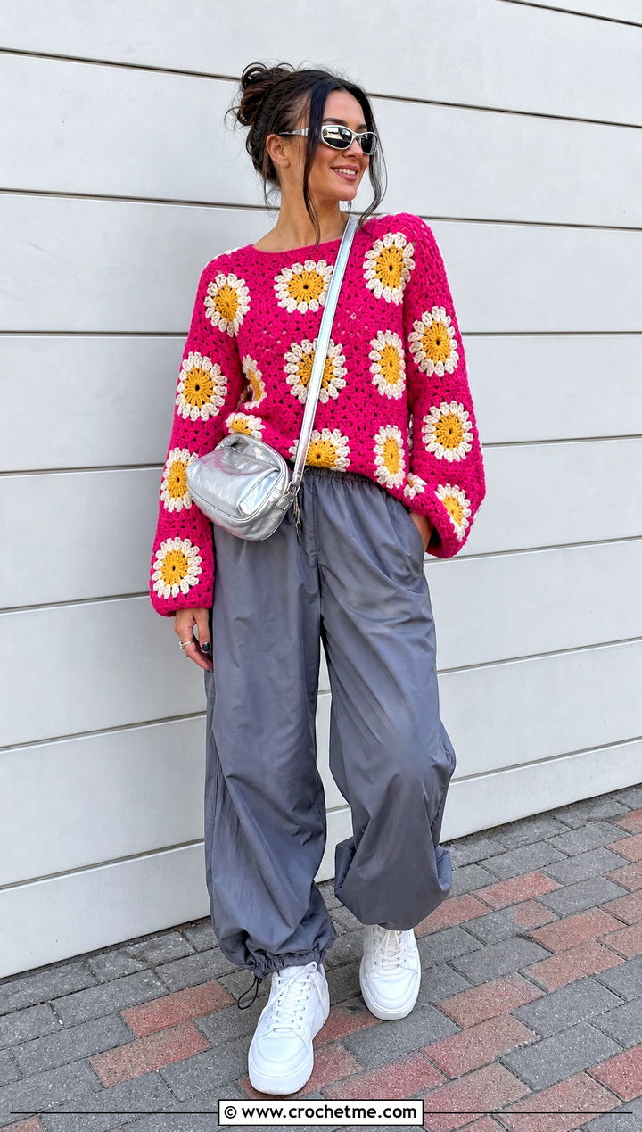 Drop Shoulder Crochet Sunflower Sweater With Parachute Pants - 35 crochet sunflower sweater outfit ideas