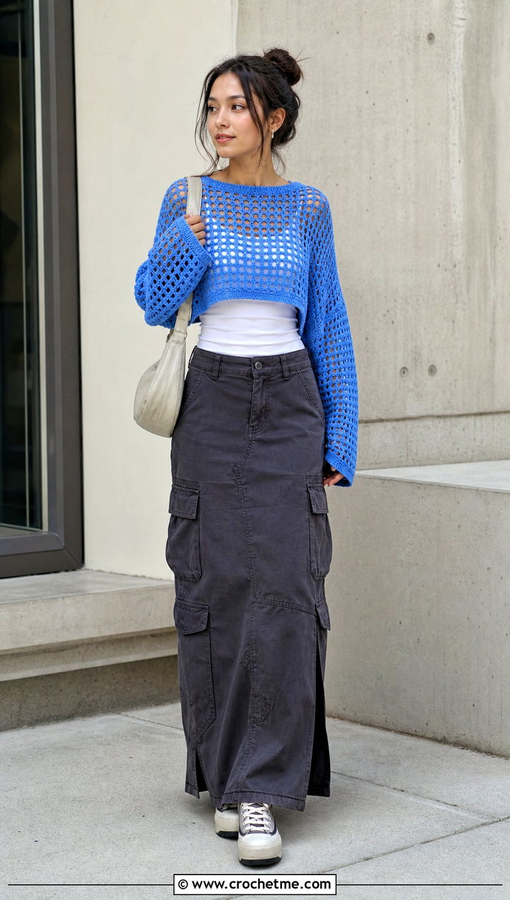 Drop Shoulder Crochet Sweater Top With Cargo Maxi Skirt - 35 Crochet Top Sweater outfit ideas
