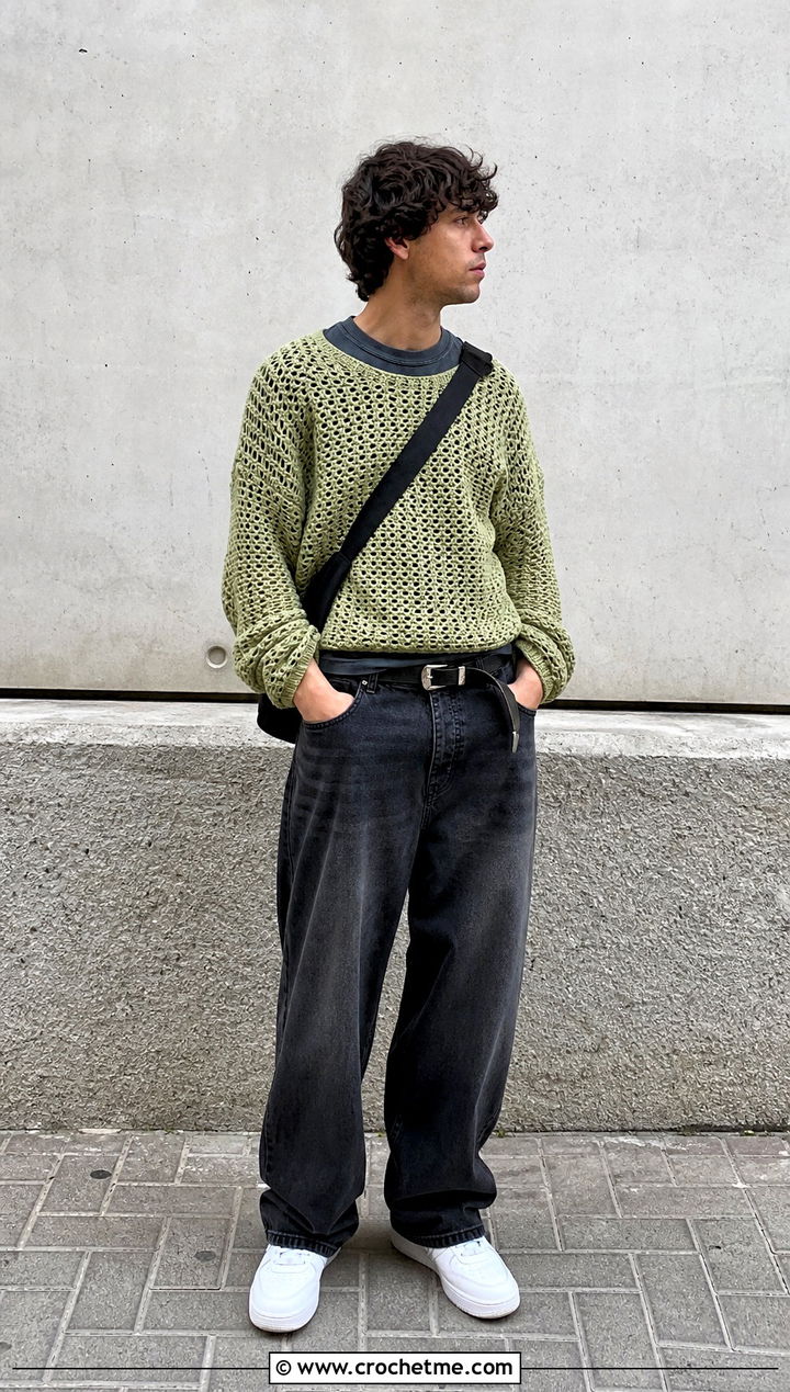 Drop Shoulder Crochet Sweater With Baggy Jeans - 25 Mens Crochet Sweaters outfit ideas