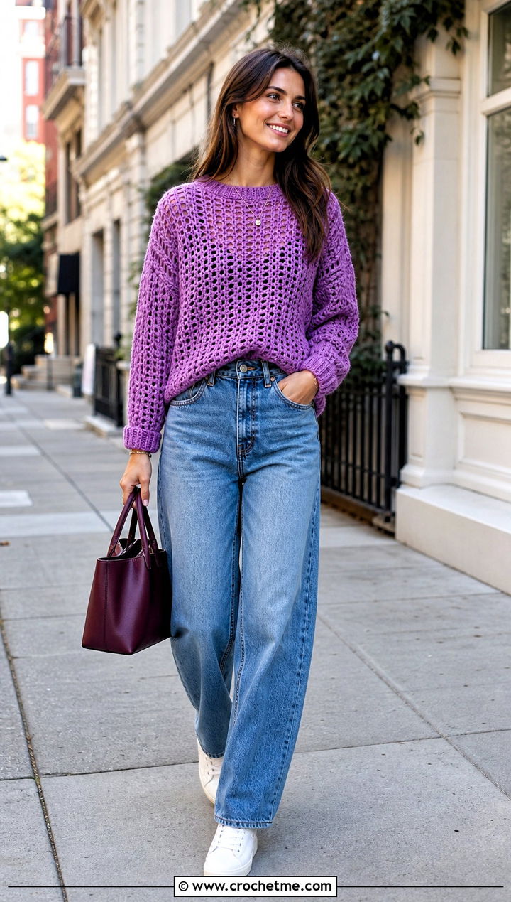 Drop Shoulder Crochet Sweater With Barrel Jeans - 30 Crocheted Sweater Outfit ideas
