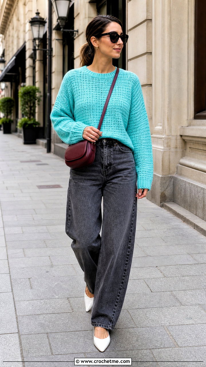 Drop Shoulder Crochet Sweater With Barrel Jeans - 35 easy crochet sweater outfit ideas