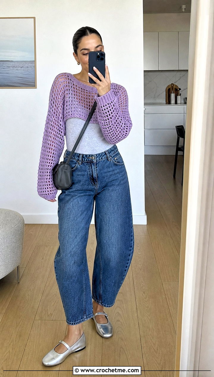 Drop Shoulder Crochet Sweater With Barrel Jeans - 20 Open Weave Crochet Sweater outfit ideas