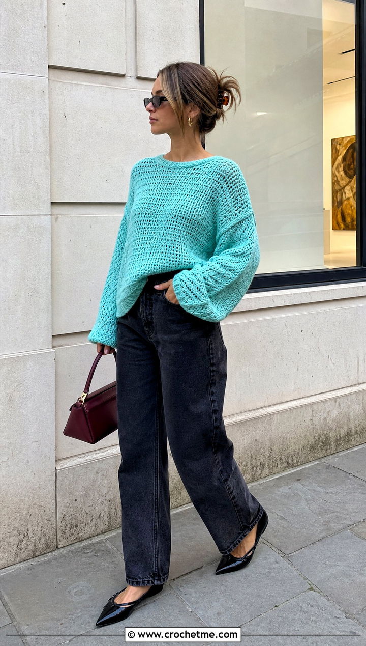 Drop Shoulder Crochet Sweater With Barrel Jeans - 30 cozy crochet sweater outfit ideas